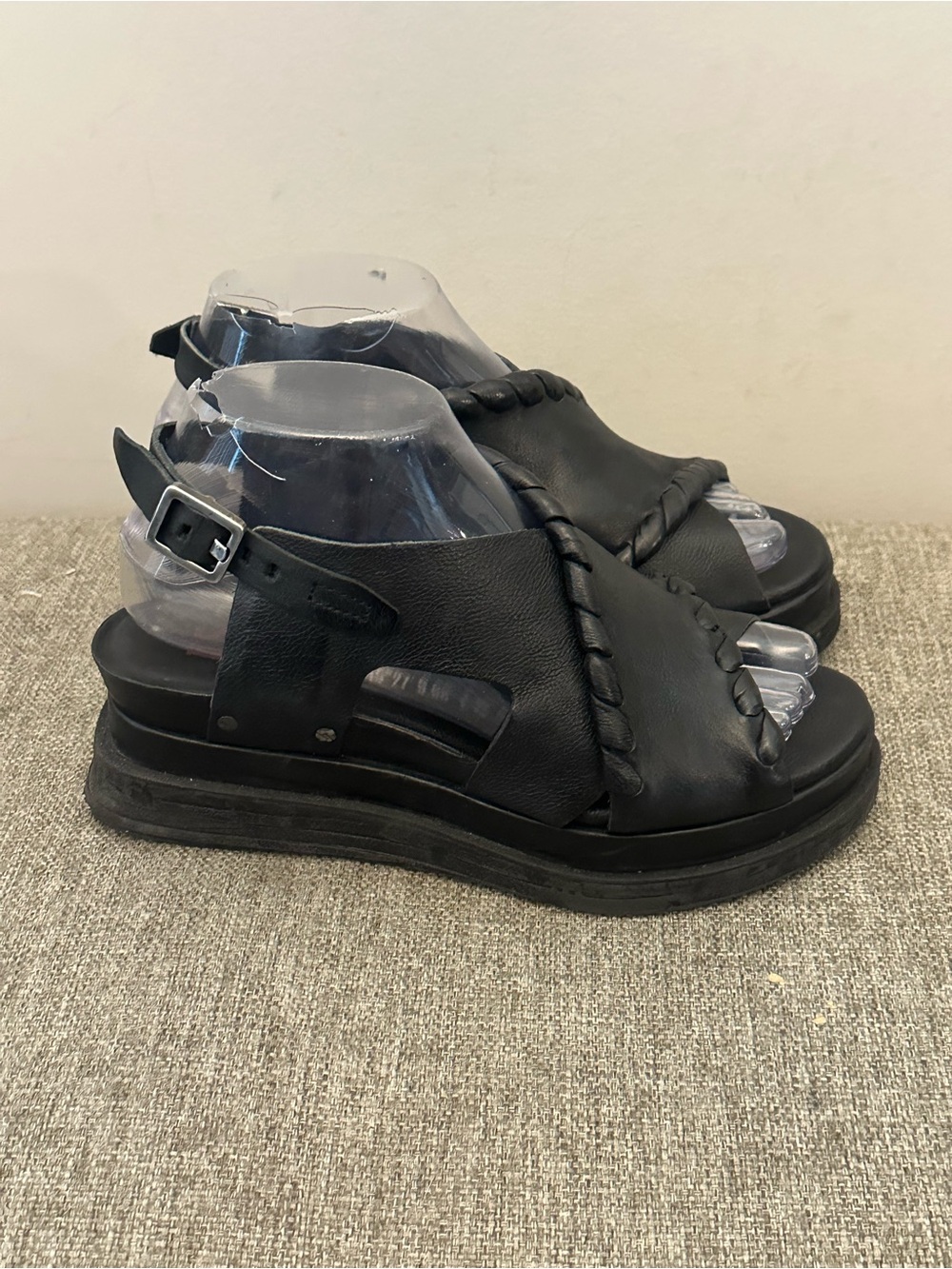 Black Leather Platform Sandals with Braided Detail